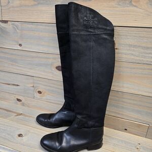 Tory Burch Simone Tall Boots Womens 8 M Black Leather Over The Knee Zip